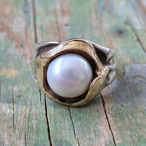 Israel Artisan Brutalist Sterling 14K Yellow Gold White Freshwater Pearl Ring